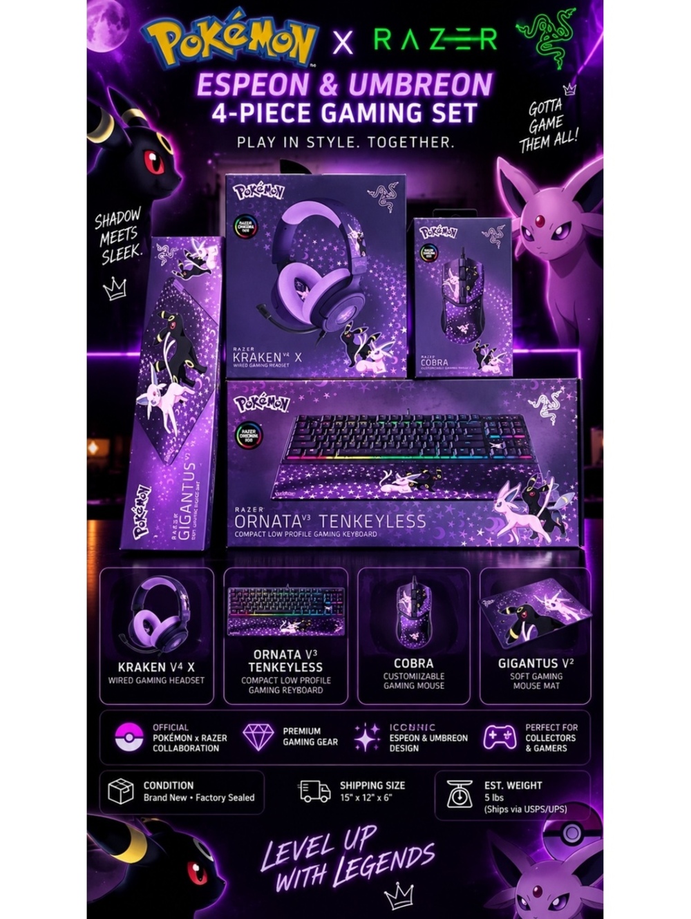 Pokemon Razer Espeon Umbreon 4PC Set Keyboard Headset Mouse Pad New